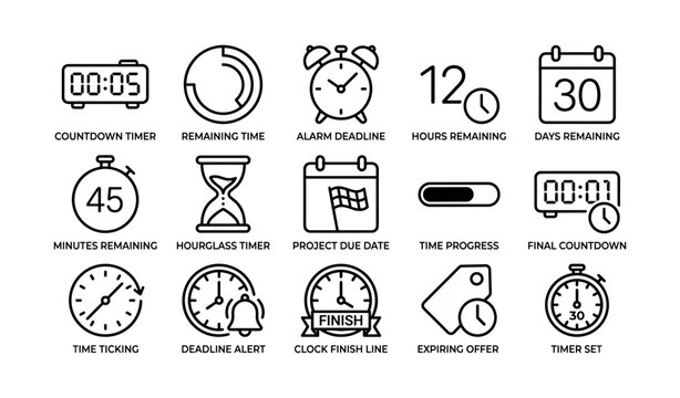 Time and countdown icons displayed in a grid on white background