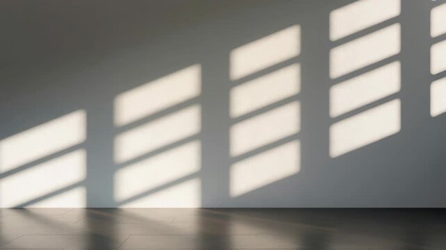 Sunlight window grid casting geometric shadow patterns empty room floor and wall, soft warm calm