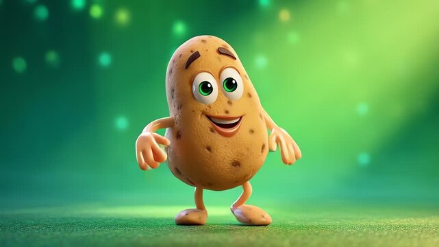 animated smiling brown potato character dancing on green glowing background