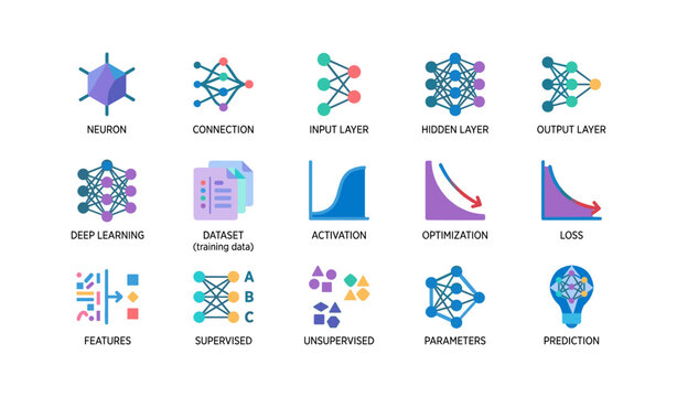 Deep learning icons of neural network concepts on white background