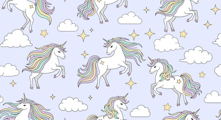 Fototapeta premium seamless unicorn pattern featuring magical white unicorns rainbow manes clouds and stars ideal for childrens fantasy designs.