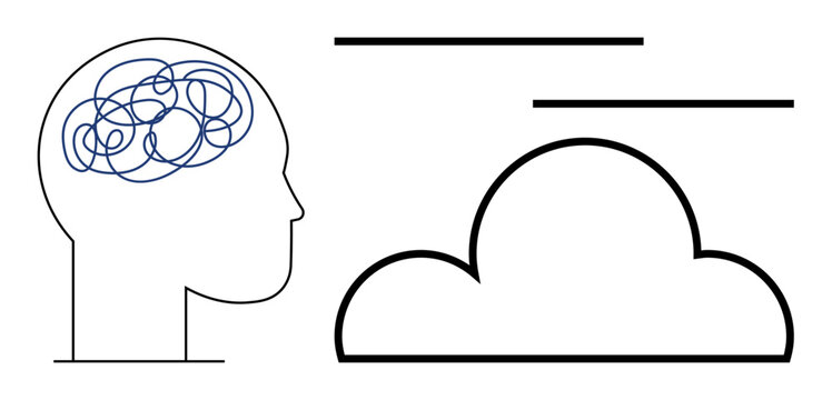 Mental health, cognitive processes, cloud storage, thought complexity, decision making, abstract ideas. Silhouette of a head with tangled lines and a cloud. Mental health and cognitive processes