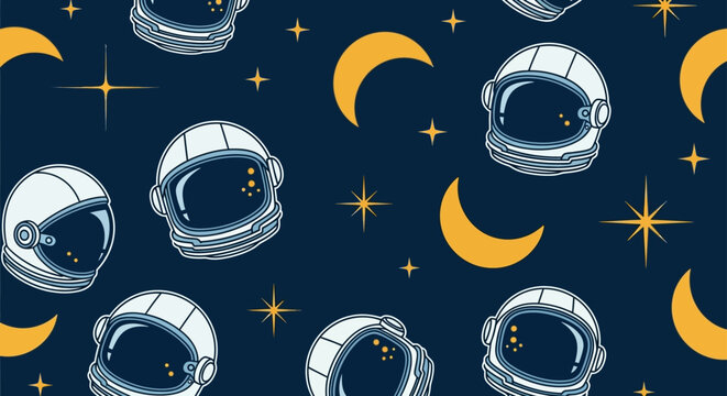 seamless space pattern with astronaut helmets moons and stars on dark blue