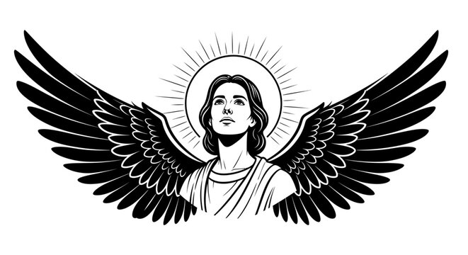 Serene Black and White Angel Looking Up with Large Spread Wings and Halo on Isolated White Background