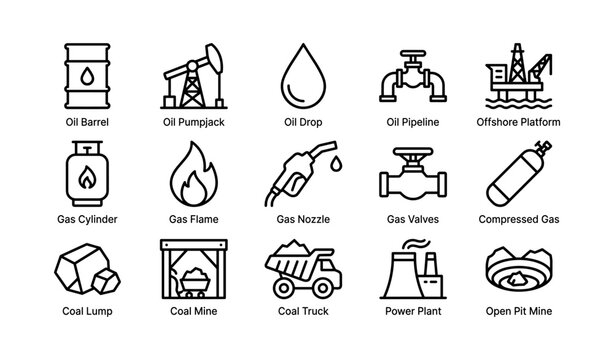 Energy and mining icons representing oil, gas, coal and power