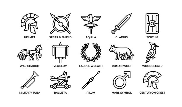 Roman military and civic icons arranged in grid on white background
