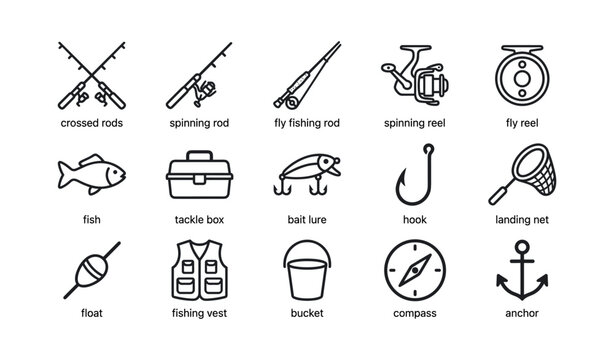 Fishing equipment icons arranged in grid on white background