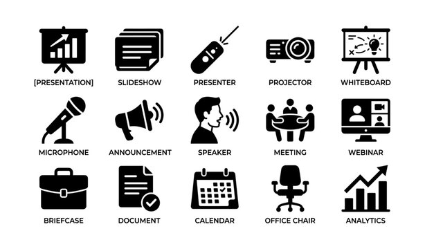 Presentation and meeting icons depicting office and webinar tools