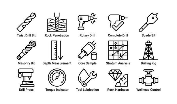 Drilling and bit icons showing tools and measurement symbols