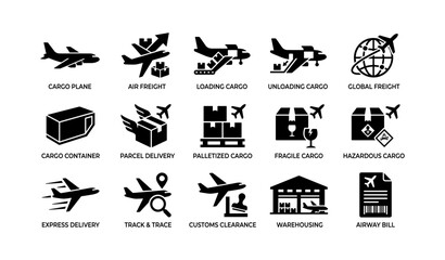 Obraz premium Air freight icons of planes and cargo packages on white background