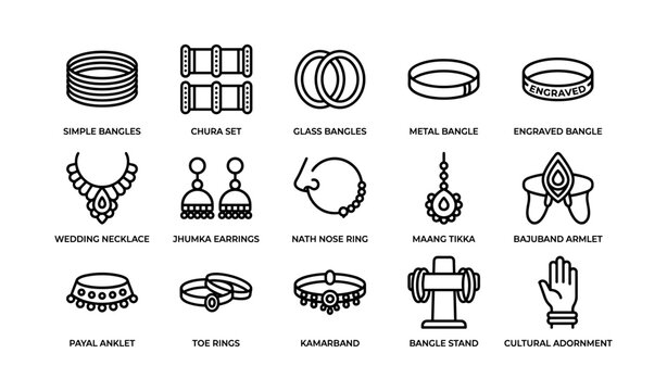 Jewelry icons of bangles and traditional ornaments on white background