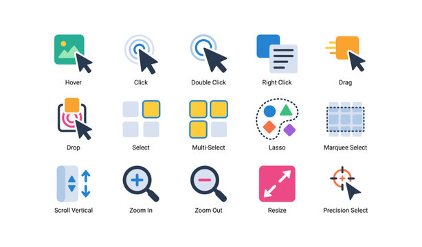 Cursor and selection icons demonstrating click and drag actions