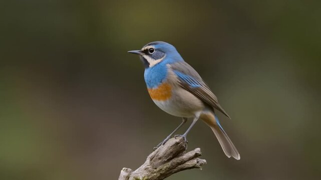 Male bluethroat bird perched on a dry branch in the wild