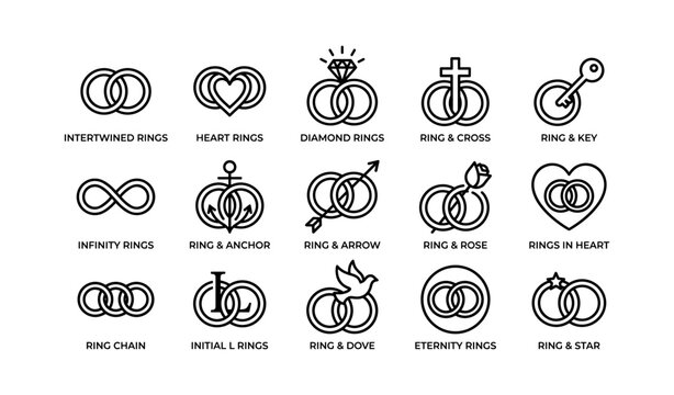 Wedding and ring icons displayed in grid on white background