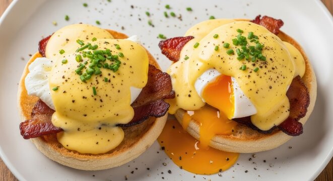 Classic eggs benedict with crispy bacon and runny yolk