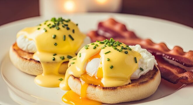 Classic eggs benedict with hollandaise sauce and crispy bacon