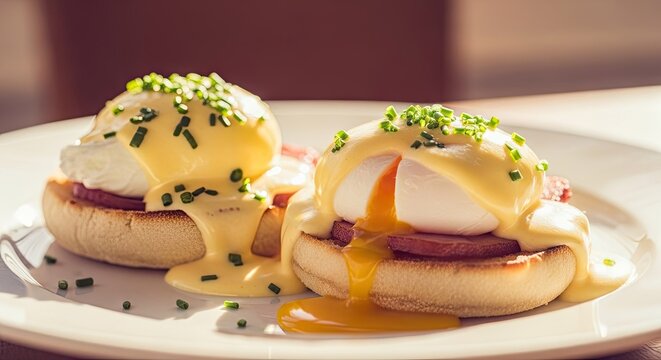 Classic eggs benedict with runny yolk and hollandaise sauce