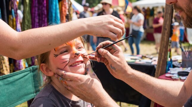 Artist hands painting a tiger face mask on a happy little girl face during an outdoor summer festival