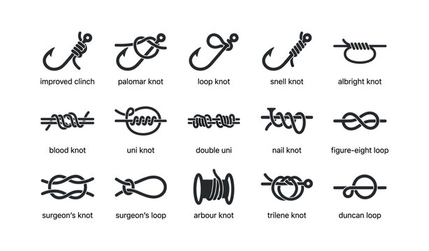 Fishing hook knots illustrated in rows on white background