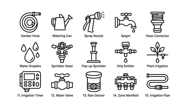 Set of irrigation and watering icons displayed on white background