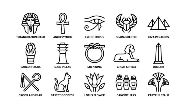 Collection of egyptian symbol icons arranged on white background