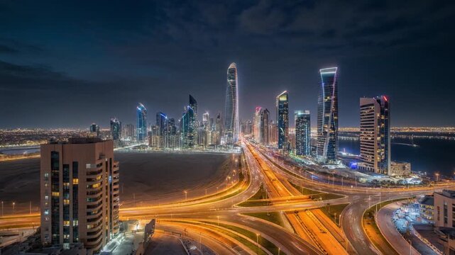 Kuwait City skyline and highway timelapse transition from dusk to night