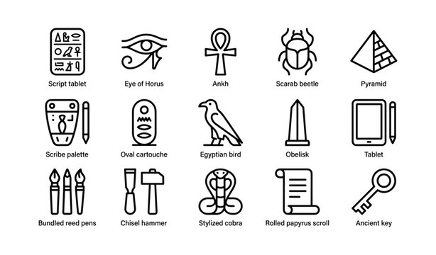 Ancient egyptian icons displayed in rows on white background