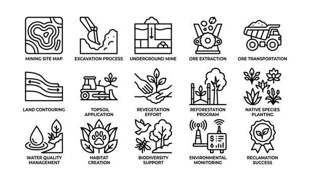 Mine operations extraction and reclamation icons on white