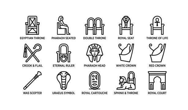 Egyptian throne and royal symbols icons arranged on white background