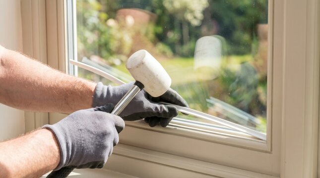 Glazier hands wearing gloves using a white rubber mallet to install a plastic bead on a glass window