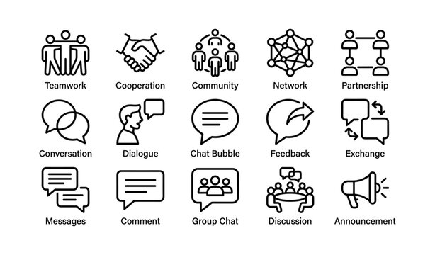 Communication and collaboration icon set displaying chat and network