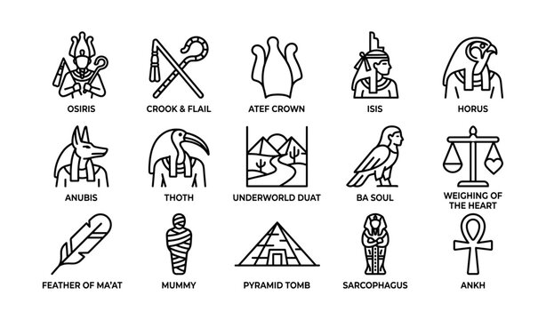 Egyptian mythology icon set showing gods and funerary symbols