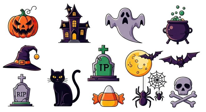 Cartoon Halloween sticker set with pumpkin ghost and haunted house