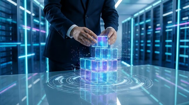 Businessman's hands assemble glowing holographic cubes representing data blocks in a modern server room, symbolizing innovation and digital strategy.