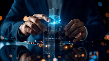 Fototapeta premium Businessman assembling glowing translucent puzzle pieces into a tower, symbolizing strategy, innovation, and problem-solving in a modern business environment.
