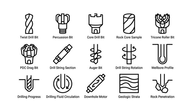 Drilling equipment icons showing drill bits and wellbore symbols