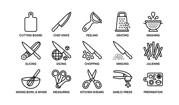 Kitchen utensil and cutting icons arranged in grid on white background