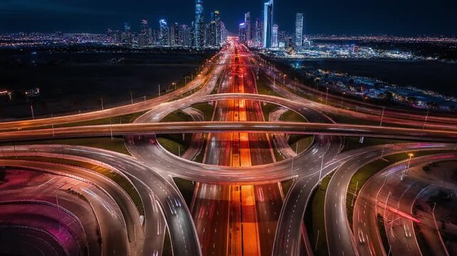 Aerial Time Lapse of Traffic Light Trails and Kuwait City Skyline