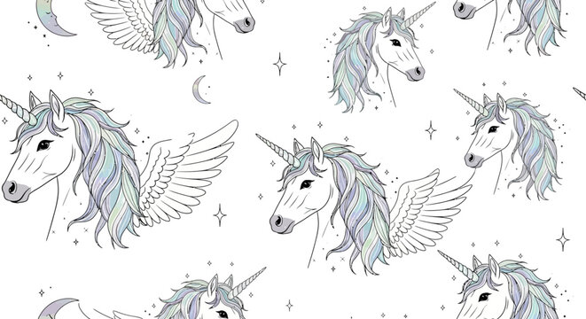 seamless unicorn and pegasus pattern with pastel manes magical stars and moons perfect for childrens fantasy designs.