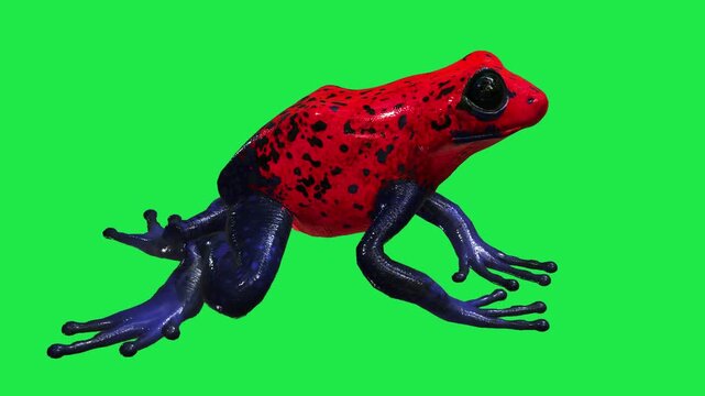 Poison Dart Frog with Black Spots frog sitting on a vibrant green screen background 3d for nature documentary