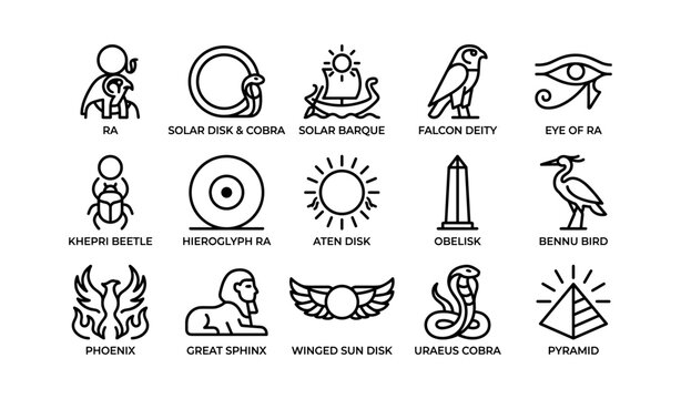 Egyptian sun deity and related symbols arranged on white background