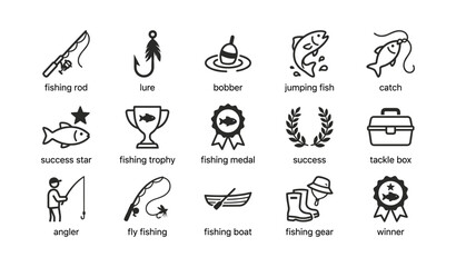 Obraz premium Fishing equipment and success icons arranged in grid layout