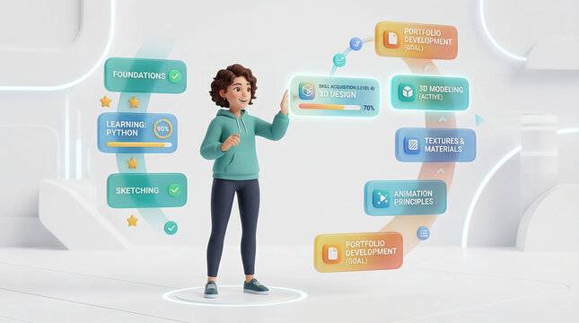 3D character learning development roadmap with 3D design, sketching, animation and Python