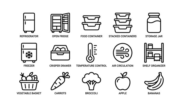 Refrigerator and food storage icons arranged in grid layout
