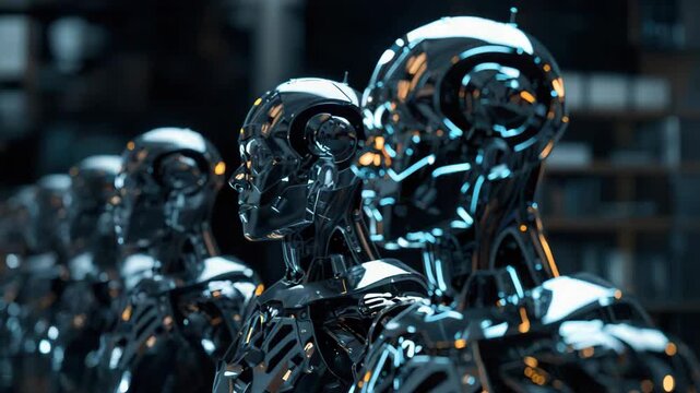 Shiny futuristic robot head and torso row reflective chrome lighting sleek metallic android lineup