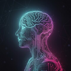 Obraz premium Human Head Silhouette with Digital Circuitry and Neural Network