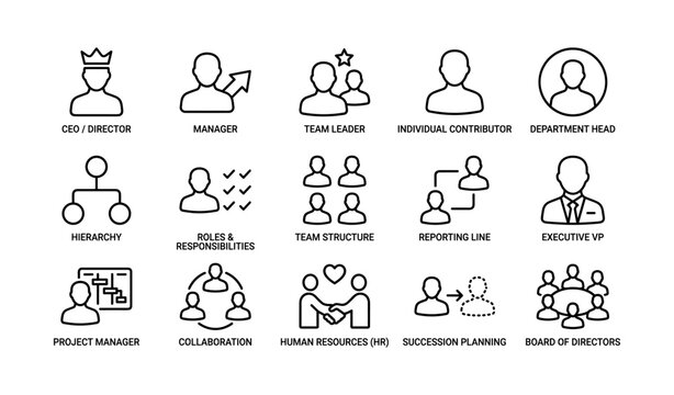 Organizational role icons showing corporate hierarchy on white