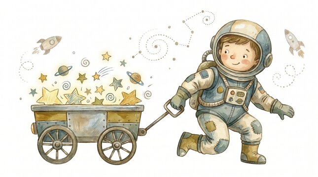 Vintage astronaut pulling retro space wagon with planets, isolated on white background with nostalgic storybook illustration style.