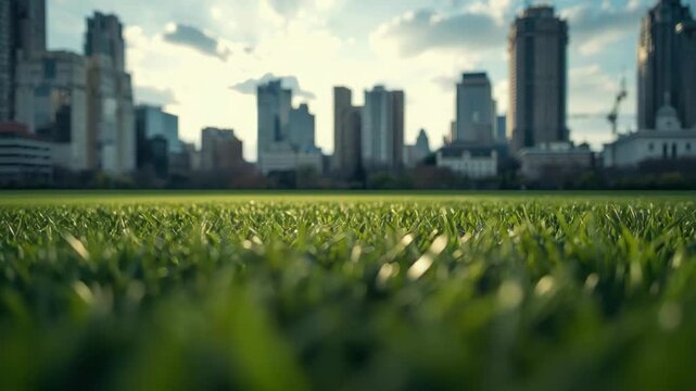 Green grass foreground with blurred city skyline and soft sunlight peaceful urban park scene