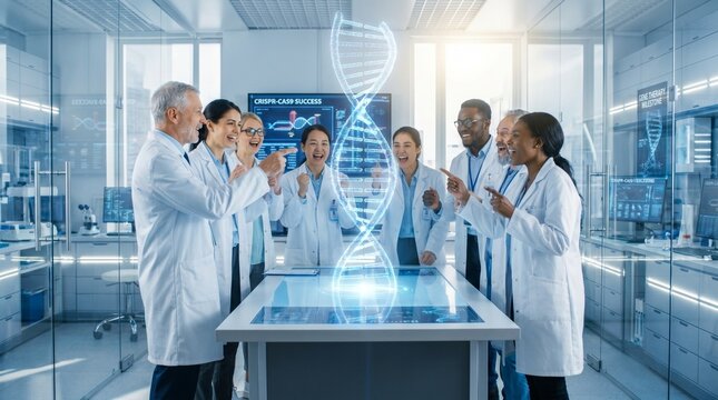 Medical Researchers Analyzing DNA Helix in Modern Lab